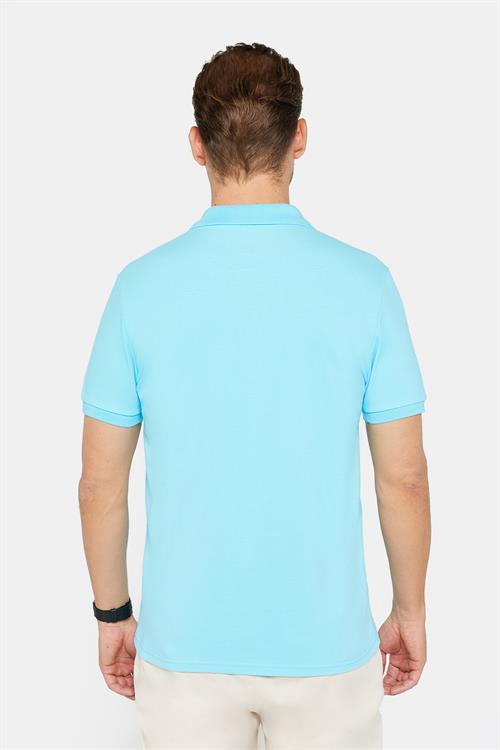 Erkek Slim Fit Dar Kesim %100 Pamuk Düz Pike Mavi Polo Yaka Tişört