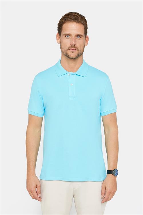 Erkek Slim Fit Dar Kesim %100 Pamuk Düz Pike Mavi Polo Yaka Tişört