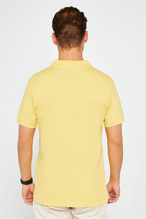 Erkek Slim Fit Dar Kesim %100 Pamuk Düz Pike Sarı Polo Yaka Tişört