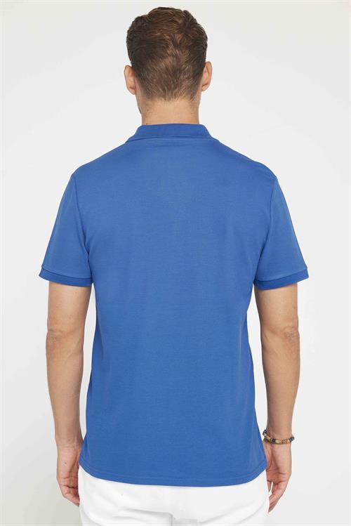 Erkek Slim Fit Dar Kesim %100 Pamuk Düz Pike İndigo Polo Yaka Tişört