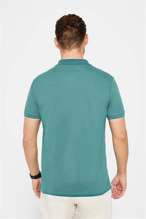 Erkek Slim Fit Dar Kesim %100 Pamuk Düz Pike Mavi Polo Yaka Tişört