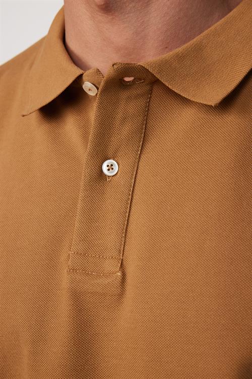 Erkek Slim Fit Dar Kesim %100 Pamuk Düz Pike Kahverengi Polo Yaka Tişört