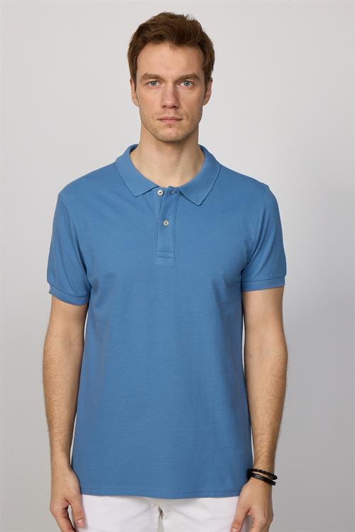 Erkek Slim Fit Dar Kesim %100 Pamuk Düz Pike Petrol Renk Polo Yaka Tişört