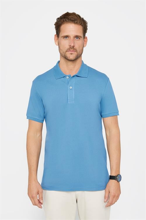 Erkek Slim Fit Dar Kesim %100 Pamuk Düz Pike İndigo Polo Yaka Tişört