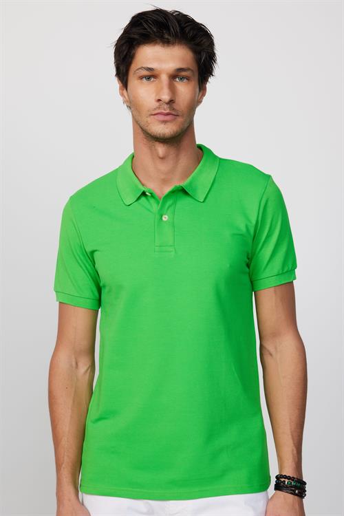 Erkek Slim Fit Dar Kesim %100 Pamuk Düz Pike Yeşil Polo Yaka Tişört
