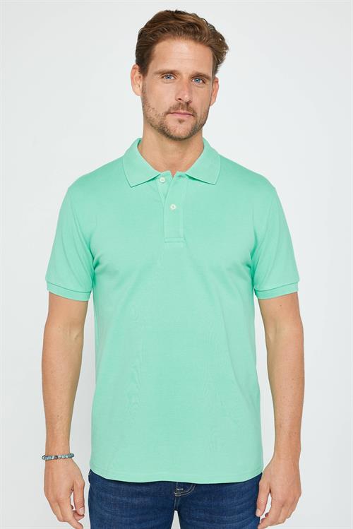 Erkek Slim Fit Dar Kesim %100 Pamuk Düz Pike Yeşil Polo Yaka Tişört