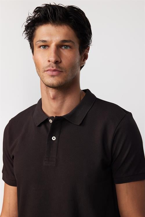 Erkek Slim Fit Dar Kesim %100 Pamuk Düz Pike Kahverengi Polo Yaka Tişört