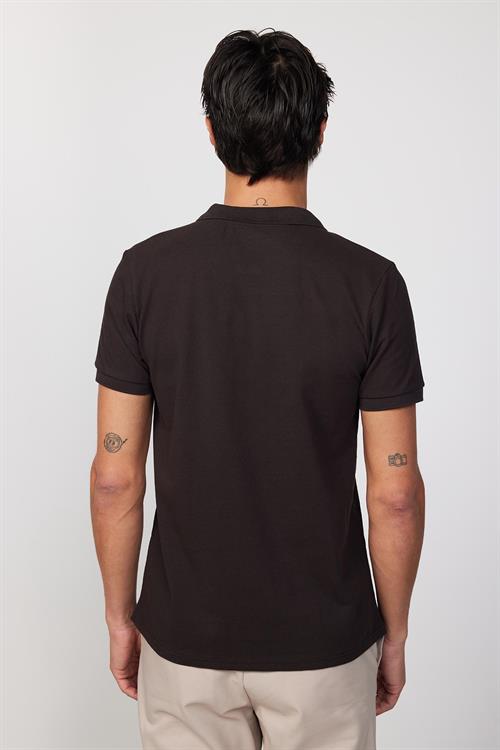 Erkek Slim Fit Dar Kesim %100 Pamuk Düz Pike Kahverengi Polo Yaka Tişört