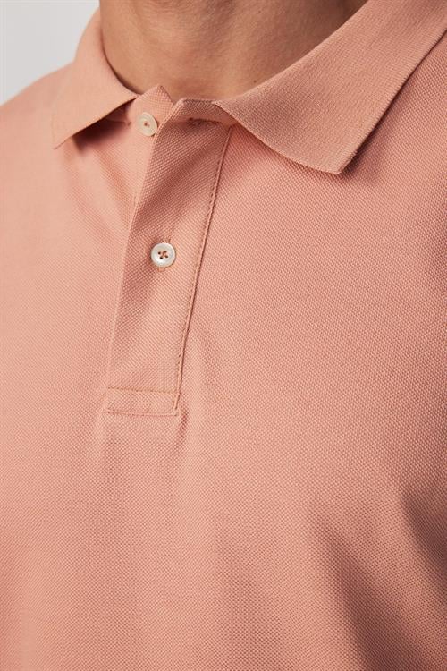 Erkek Slim Fit Dar Kesim %100 Pamuk Düz Pike Somon Renk Polo Yaka Tişört