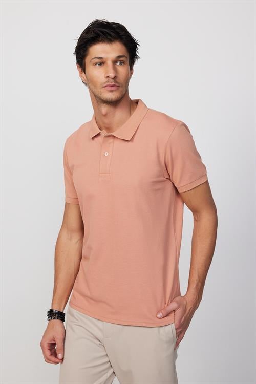 Erkek Slim Fit Dar Kesim %100 Pamuk Düz Pike Somon Renk Polo Yaka Tişört