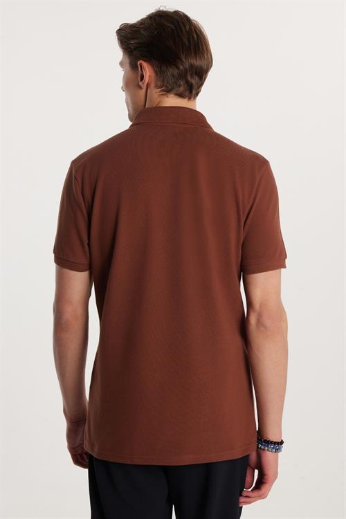 Erkek Slim Fit Dar Kesim %100 Pamuk Düz Pike Kahverengi Polo Yaka Tişört