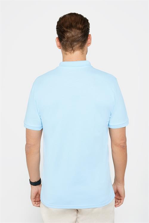 Erkek Slim Fit Dar Kesim %100 Pamuk Düz Pike Mavi Polo Yaka Tişört
