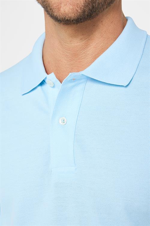 Erkek Slim Fit Dar Kesim %100 Pamuk Düz Pike Mavi Polo Yaka Tişört
