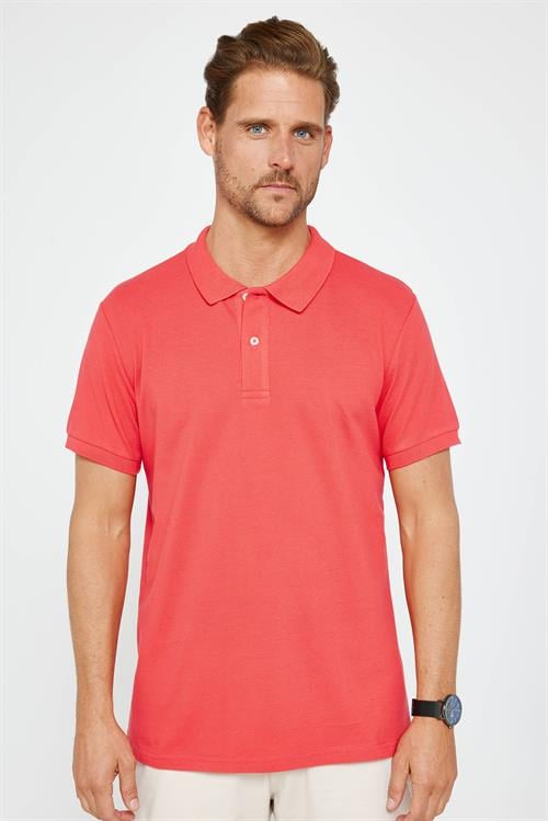 Erkek Slim Fit Dar Kesim %100 Pamuk Düz Pike Nar Renk Polo Yaka Tişört