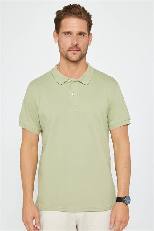Erkek Slim Fit Dar Kesim %100 Pamuk Düz Pike Yeşil Polo Yaka Tişört