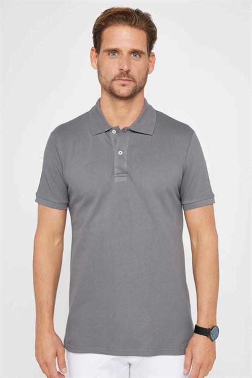 Erkek Slim Fit Dar Kesim %100 Pamuk Düz Pike Füme Polo Yaka Tişört