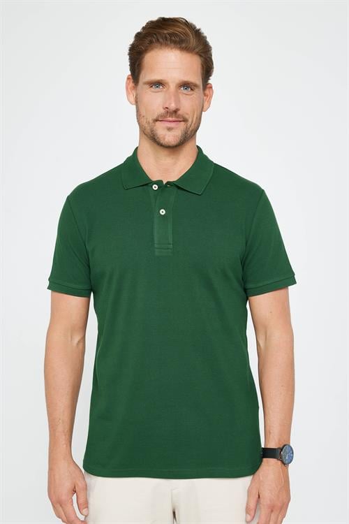 Erkek Slim Fit Dar Kesim %100 Pamuk Düz Pike Yeşil Polo Yaka Tişört