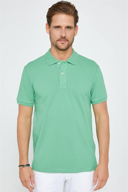 Erkek Slim Fit Dar Kesim %100 Pamuk Düz Pike Yeşil Polo Yaka Tişört