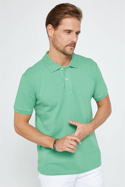 Erkek Slim Fit Dar Kesim %100 Pamuk Düz Pike Yeşil Polo Yaka Tişört