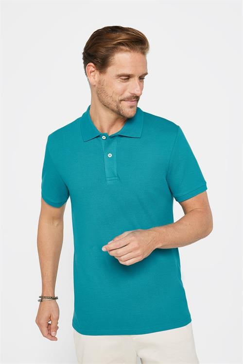 Erkek Slim Fit Dar Kesim %100 Pamuk Düz Pike Mavi Polo Yaka Tişört