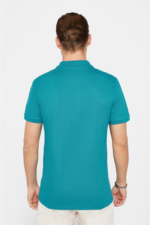 Erkek Slim Fit Dar Kesim %100 Pamuk Düz Pike Mavi Polo Yaka Tişört