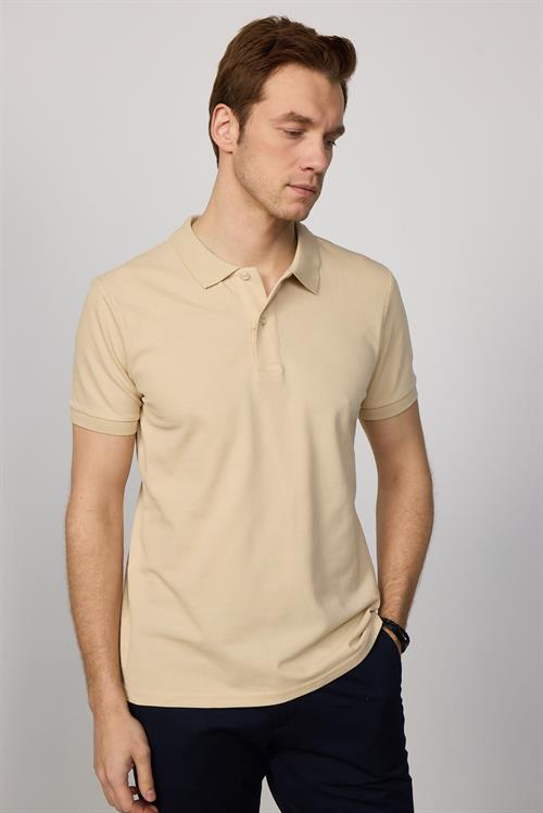 Erkek Slim Fit Dar Kesim %100 Pamuk Düz Pike Krem Renk Polo Yaka Tişört