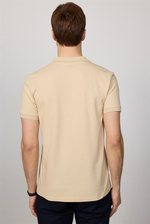 Erkek Slim Fit Dar Kesim %100 Pamuk Düz Pike Krem Renk Polo Yaka Tişört