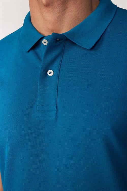 Erkek Slim Fit Dar Kesim %100 Pamuk Düz Pike Petrol Renk Polo Yaka Tişört