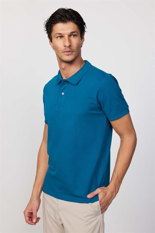 Erkek Slim Fit Dar Kesim %100 Pamuk Düz Pike Petrol Renk Polo Yaka Tişört