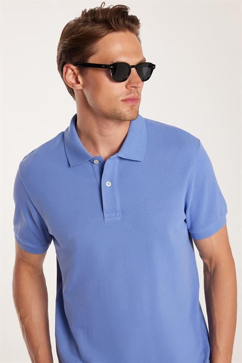 Erkek Slim Fit Dar Kesim %100 Pamuk Düz Pike Petrol Renk Polo Yaka Tişört