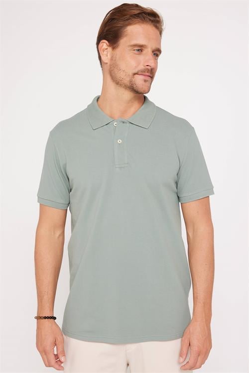 Erkek Slim Fit Dar Kesim %100 Pamuk Düz Pike Yeşil Polo Yaka Tişört