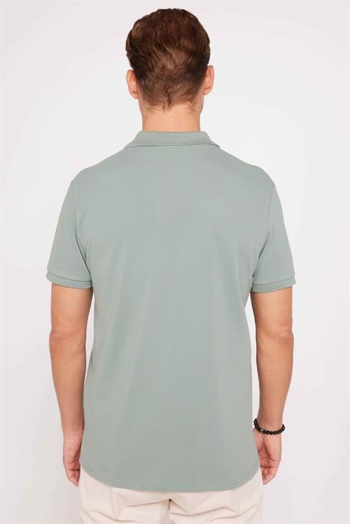 Erkek Slim Fit Dar Kesim %100 Pamuk Düz Pike Yeşil Polo Yaka Tişört