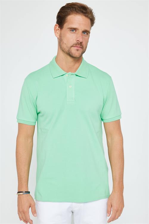 Erkek Slim Fit Dar Kesim %100 Pamuk Düz Pike Mint Polo Yaka Tişört