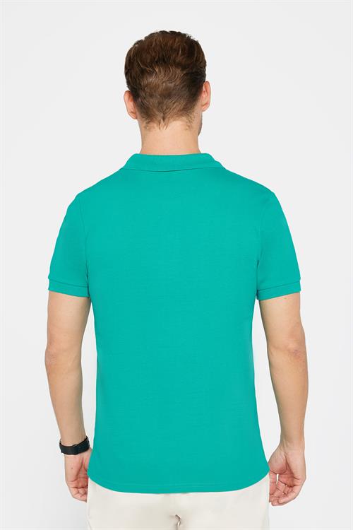 Erkek Slim Fit Dar Kesim %100 Pamuk Düz Pike Yeşil Polo Yaka Tişört