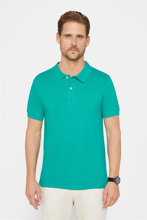Erkek Slim Fit Dar Kesim %100 Pamuk Düz Pike Yeşil Polo Yaka Tişört