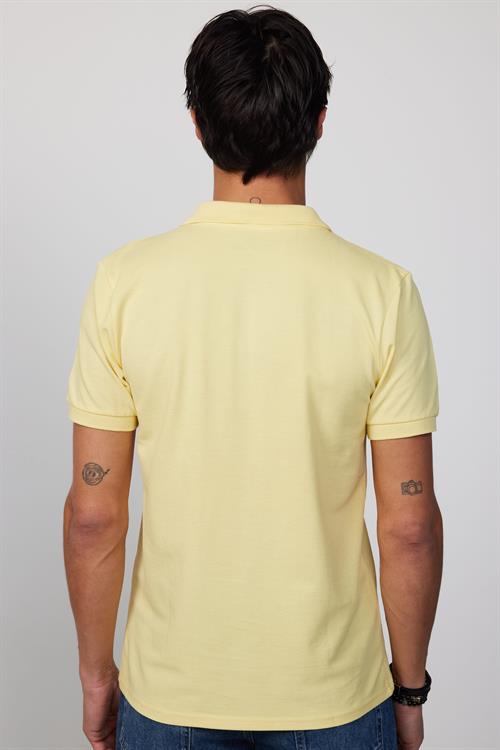 Erkek Slim Fit Dar Kesim %100 Pamuk Düz Pike Sarı Polo Yaka Tişört