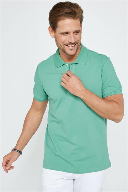 Erkek Slim Fit Dar Kesim %100 Pamuk Düz Pike Yeşil Polo Yaka Tişört