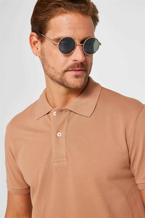 Erkek Slim Fit Dar Kesim %100 Pamuk Düz Pike Kahverengi Polo Yaka Tişört