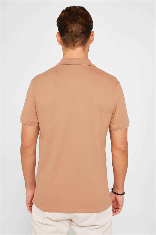 Erkek Slim Fit Dar Kesim %100 Pamuk Düz Pike Kahverengi Polo Yaka Tişört