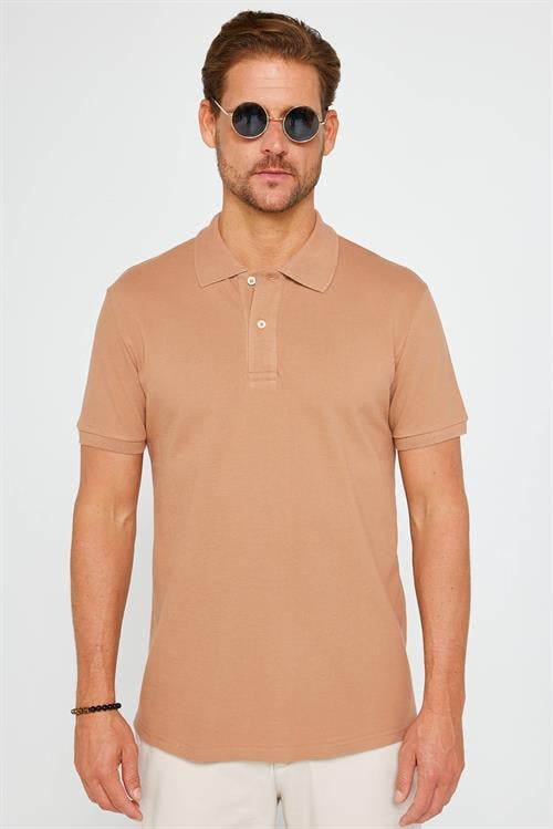 Erkek Slim Fit Dar Kesim %100 Pamuk Düz Pike Kahverengi Polo Yaka Tişört