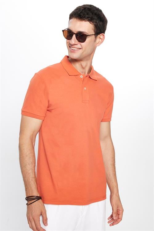 Erkek Slim Fit Dar Kesim %100 Pamuk Düz Pike Tarçın Renk Polo Yaka Tişört