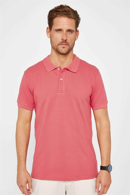 Erkek Slim Fit Dar Kesim %100 Pamuk Düz Pike Pudra Renk Polo Yaka Tişört