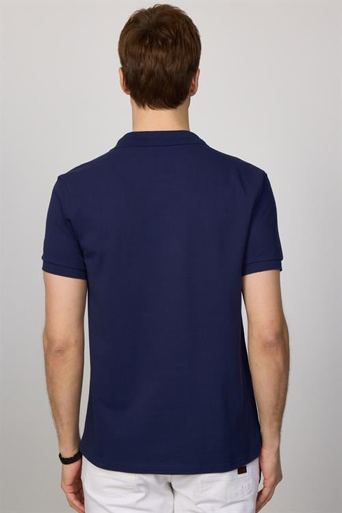 Erkek Slim Fit Dar Kesim %100 Pamuk Düz Pike Lacivert Polo Yaka Tişört