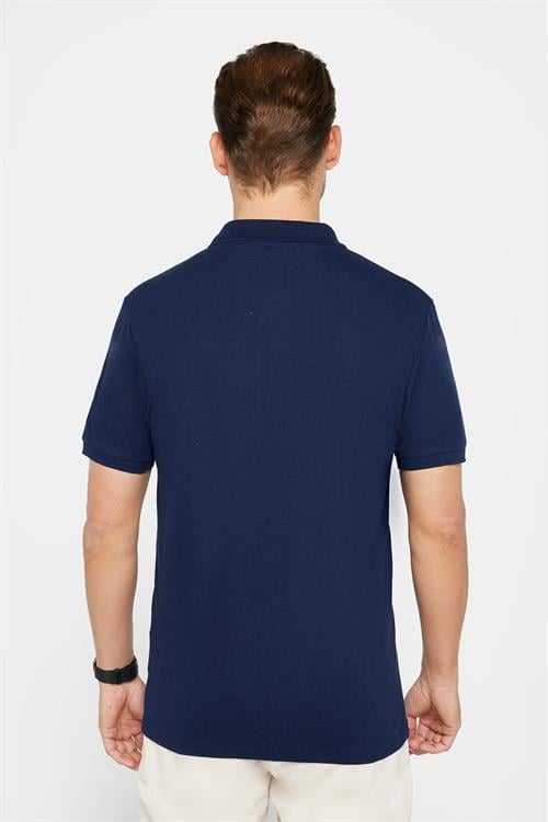 Erkek Slim Fit Dar Kesim %100 Pamuk Düz Pike Lacivert Polo Yaka Tişört