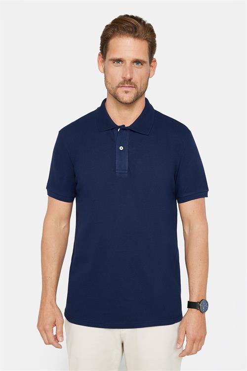 Erkek Slim Fit Dar Kesim %100 Pamuk Düz Pike Lacivert Polo Yaka Tişört