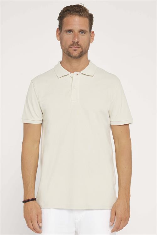 Erkek Slim Fit Dar Kesim %100 Pamuk Düz Pike Bej Polo Yaka Tişört