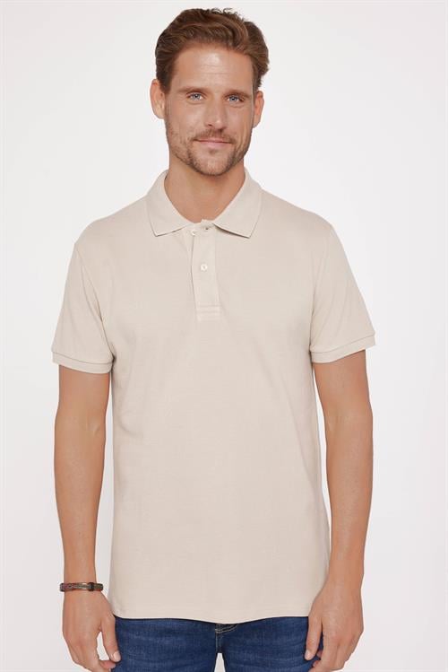 Erkek Slim Fit Dar Kesim %100 Pamuk Düz Pike Taş Renk Polo Yaka Tişört