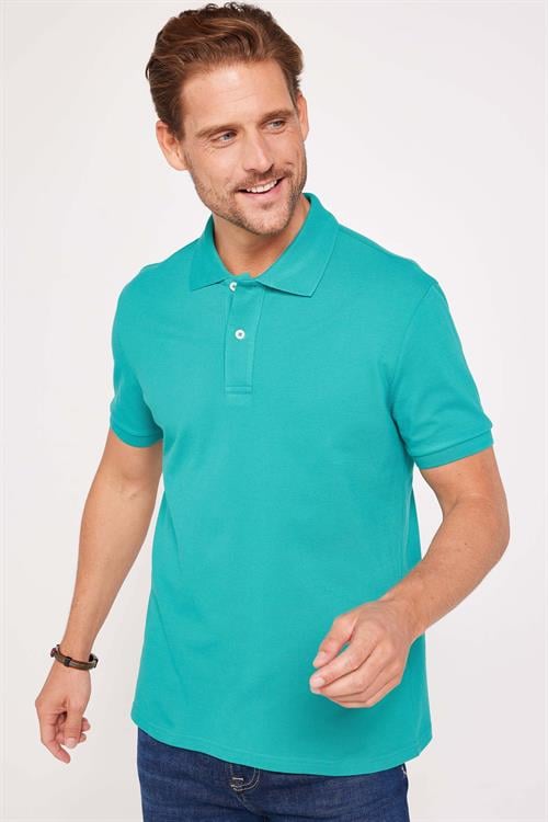 Erkek Slim Fit Dar Kesim %100 Pamuk Düz Pike Yeşil Polo Yaka Tişört