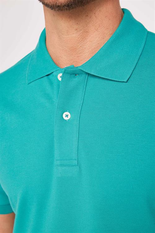 Erkek Slim Fit Dar Kesim %100 Pamuk Düz Pike Yeşil Polo Yaka Tişört