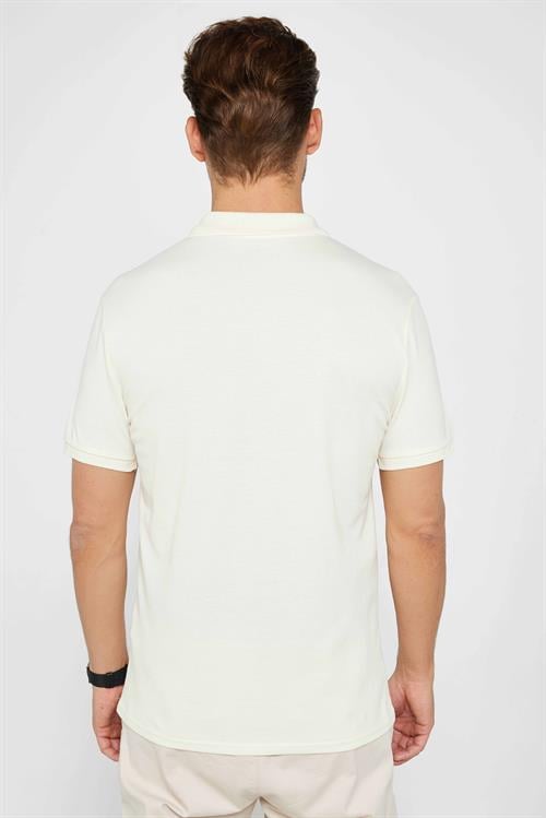 Erkek Slim Fit Dar Kesim %100 Pamuk Düz Pike Ekru Polo Yaka Tişört